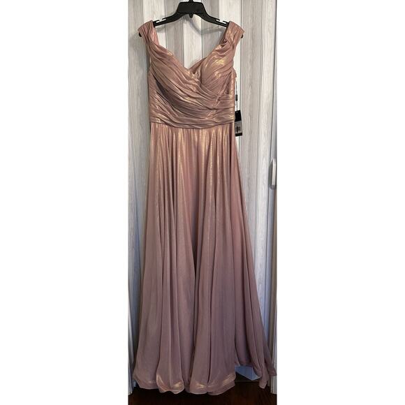 NWT La Femme Iridescent Off the Shoulder Chiffon Gown sz 14 - Picture 4 of 9